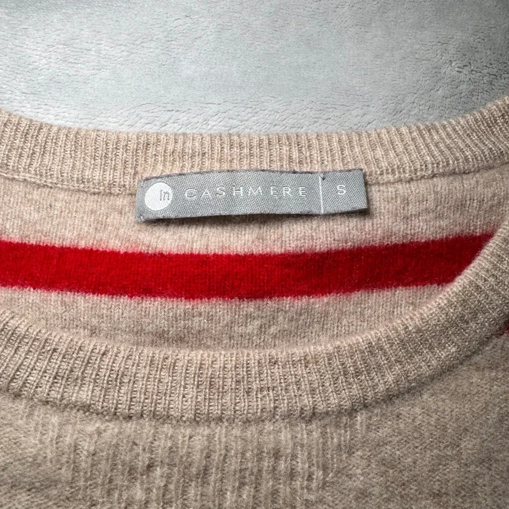 In Cashmere Women's Beige Red Striped 100% Cashmere Crew Neck Sweater Small EUC